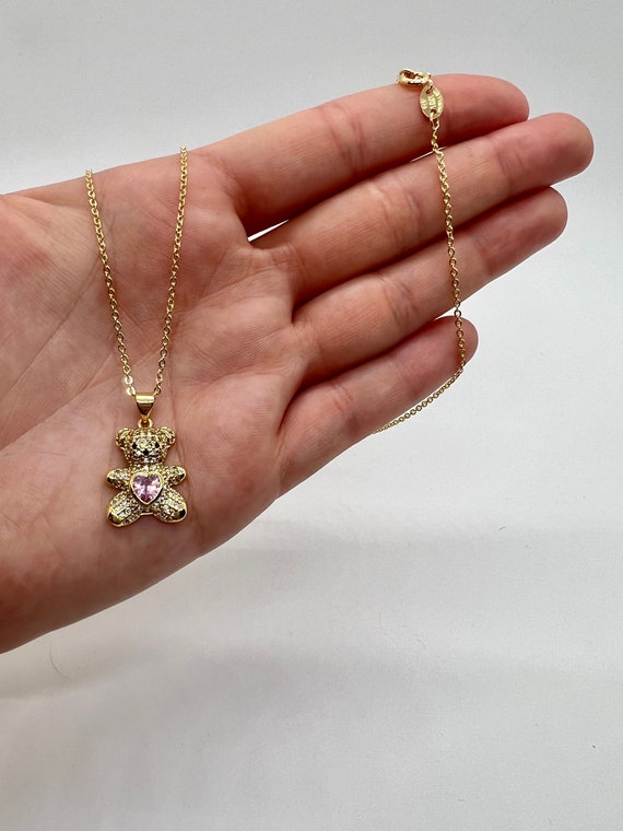 18Kゴールドフィルドテディベアネックレス、上品でキュートなミニマ