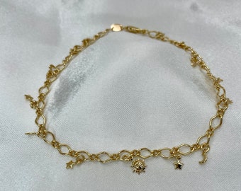 Sun Moon Anklet, Gold Layering Anklet, Gift For Mom, Mothers Day Anklet, 18K Gold Filled Charm Anklet, Charm Anklet, Dainty Chain Anklet