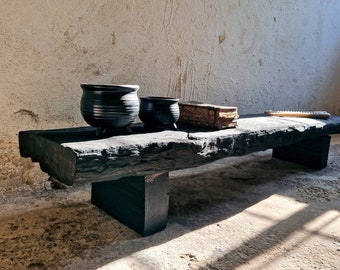 Decorative Wabi Sabi Bench Black Japanese Solid Wood Furniture Low Wood Slab Bench Industrial Reclaimed Wood Low Console Table Rustic Bench