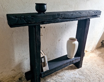 Reclaimed Wood Black Console Table, Rustic Wood Slab Entryway Table, Distressed Furniture, Wabi Sabi Solid Wood Narrow Console Table