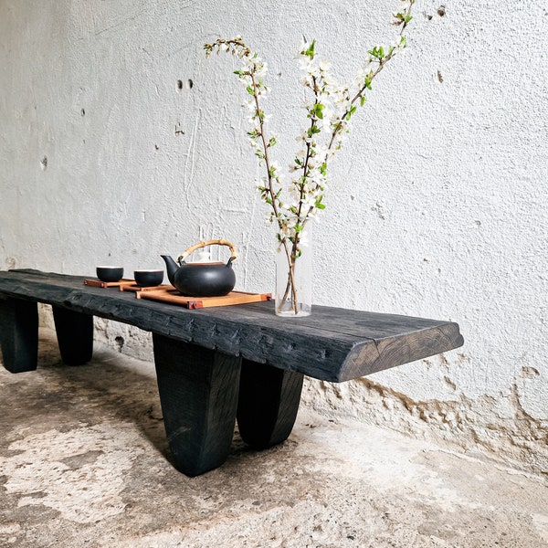 Decorative Wabi Sabi Bench Black Japanese Solid Wood Furniture Low Wood Slab Bench Industrial Reclaimed Wood Low Console Table Rustic Bench