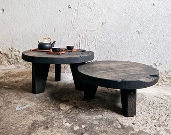 Wabi Sabi Round Coffee Table, Reclaimed Wood Oak Coffee Tables Set, Modern Home Black Coffee Table, Industrial Furniture, Wood Slab Table