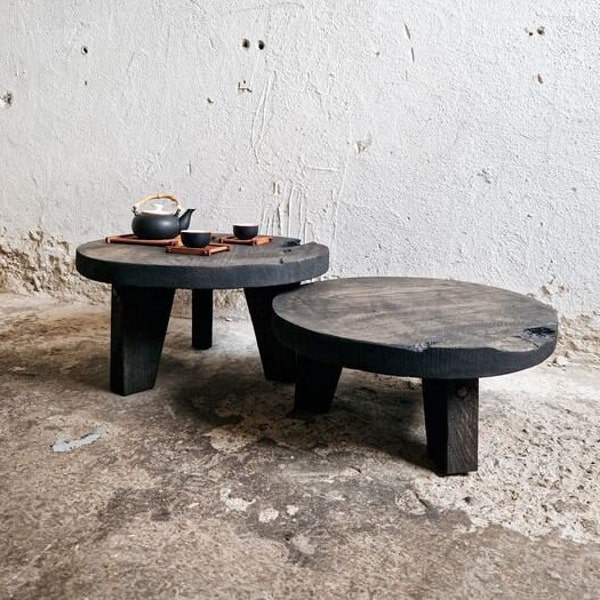 Table basse ronde Wabi Sabi, ensemble de tables basses en bois de chêne de récupération, table basse noire de maison moderne, mobilier industriel, table en dalles de bois