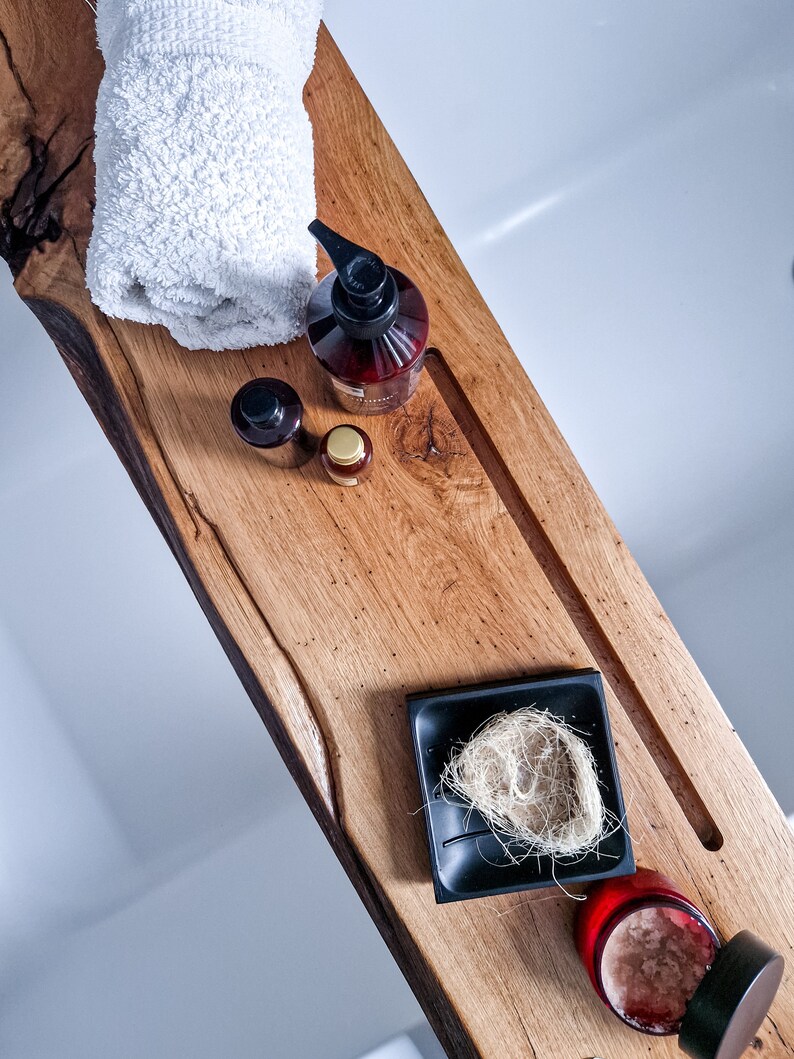 Wooden Bath Caddy Tray With Wine Glass Phone Holderunique Etsy