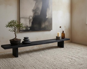 Mesa consola Wabi Sabi, banco negro, muebles japoneses de madera maciza, mesa industrial de madera reciclada, mesa de pasillo estrecho para el hogar moderno.
