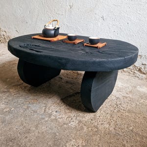 Wabi Sabi Coffee Table, Japanese Low Coffee Table, Solid Wood Japan Furniture, Wood Slab Primitive Furniture, Black Simple Console Table