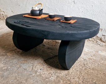 Wabi Sabi Couchtisch, Japanischer Niedriger Couchtisch, Massivholz Japan Möbel, Holzplatte Primitive Möbel, Schwarzer Einfacher Konsolentisch