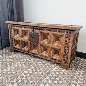 Vintage Wooden Chest Large Spanish Gothic Brutalist Carved Chest Wooden Box Antique Wooden Large Storage Box Vintage Home Accents