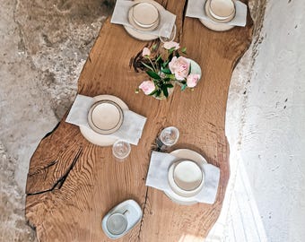 Auténtica mesa de comedor de roble Wabi Sabi: losa de madera rústica, mobiliario industrial