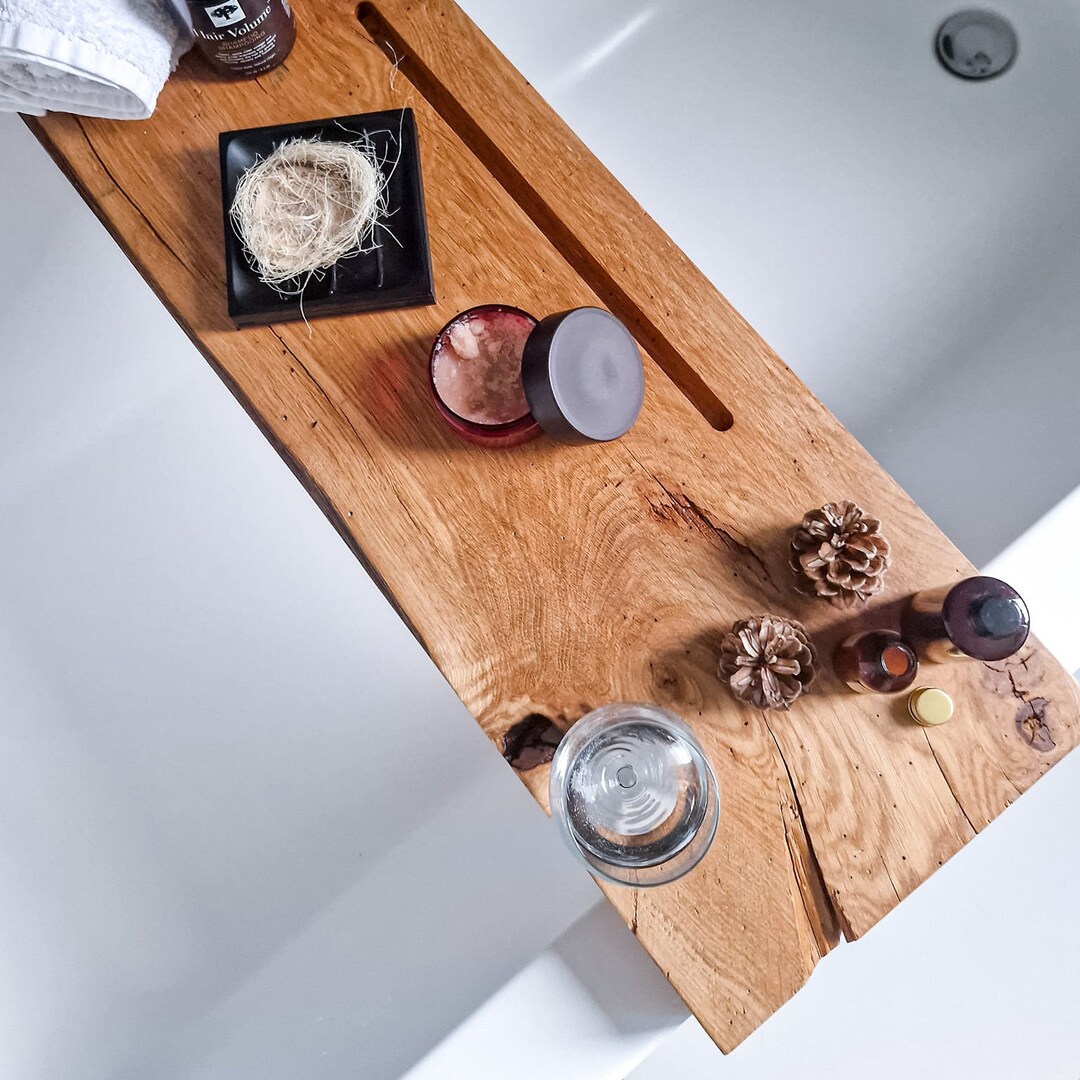 Wooden Bath Caddy Tray With Wine Glass and Phone Holders Etsy