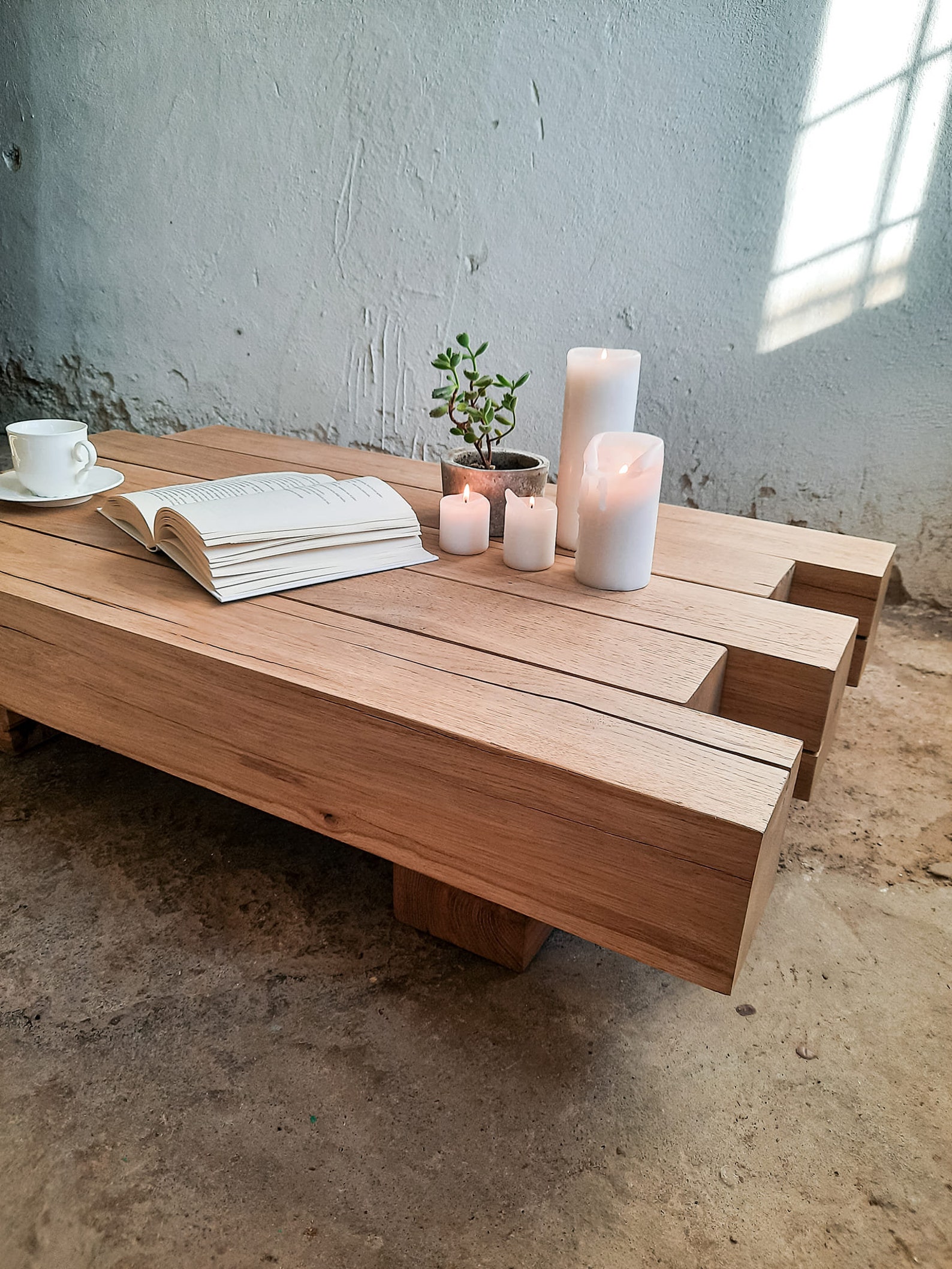 Natural Oak Low Coffee Table Wood Blocks Furniture Solid Etsy