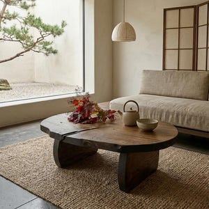 Tavolino da caffè Wabi Sabi, tavolino da caffè basso giapponese, mobili giapponesi in legno massello, mobili primitivi in lastre di legno, tavolino da tè semplice nero Zen