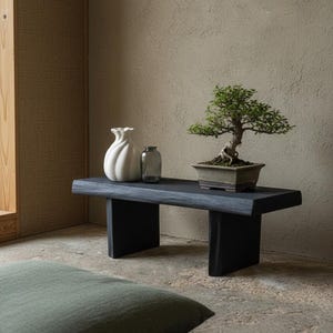 Könnte beinhalten: Eine dunkelgraue Holzbank mit einem Bonsai-Baum in einem quadratischen Topf, einer weißen Vase und einer kleinen Glasflasche. Die Bank steht vor einer Wand in neutralen Tönen. Ein grünes Kissen liegt auf dem Boden.