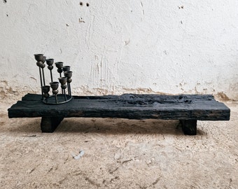 Banco decorativo Wabi Sabi negro japonés muebles de madera maciza losa de madera baja banco negro industrial madera recuperada mesa de consola baja rústica