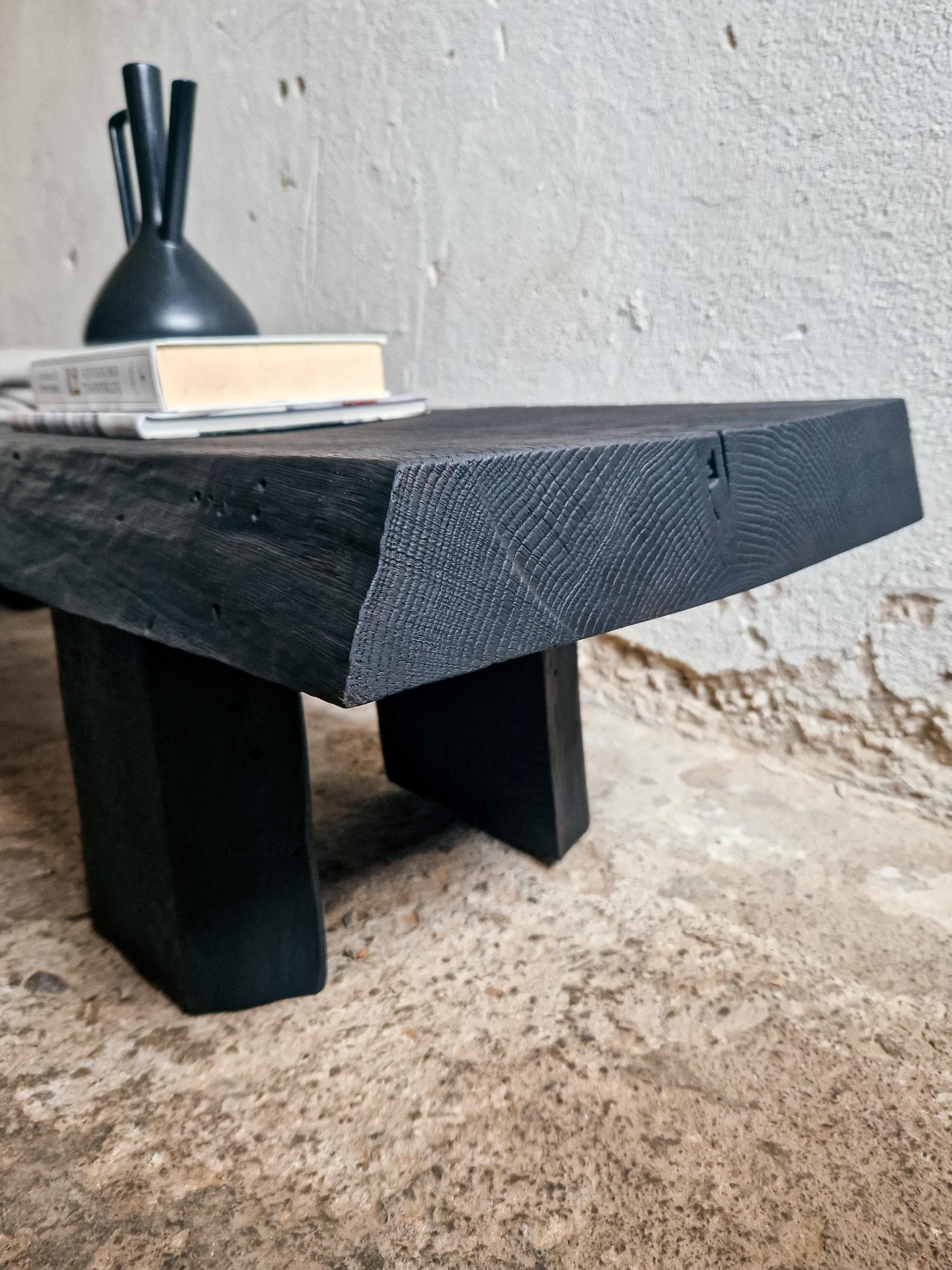 Decorative Wabi Sabi Bench Black Japanese Solid Wood Furniture Low