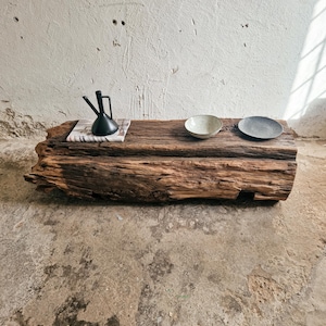 Muebles envejecidos, Muebles con bloques de madera maciza, Banco de viga baja, Banco wabi sabi natural, Consola con viga de madera recuperada, Banco rústico