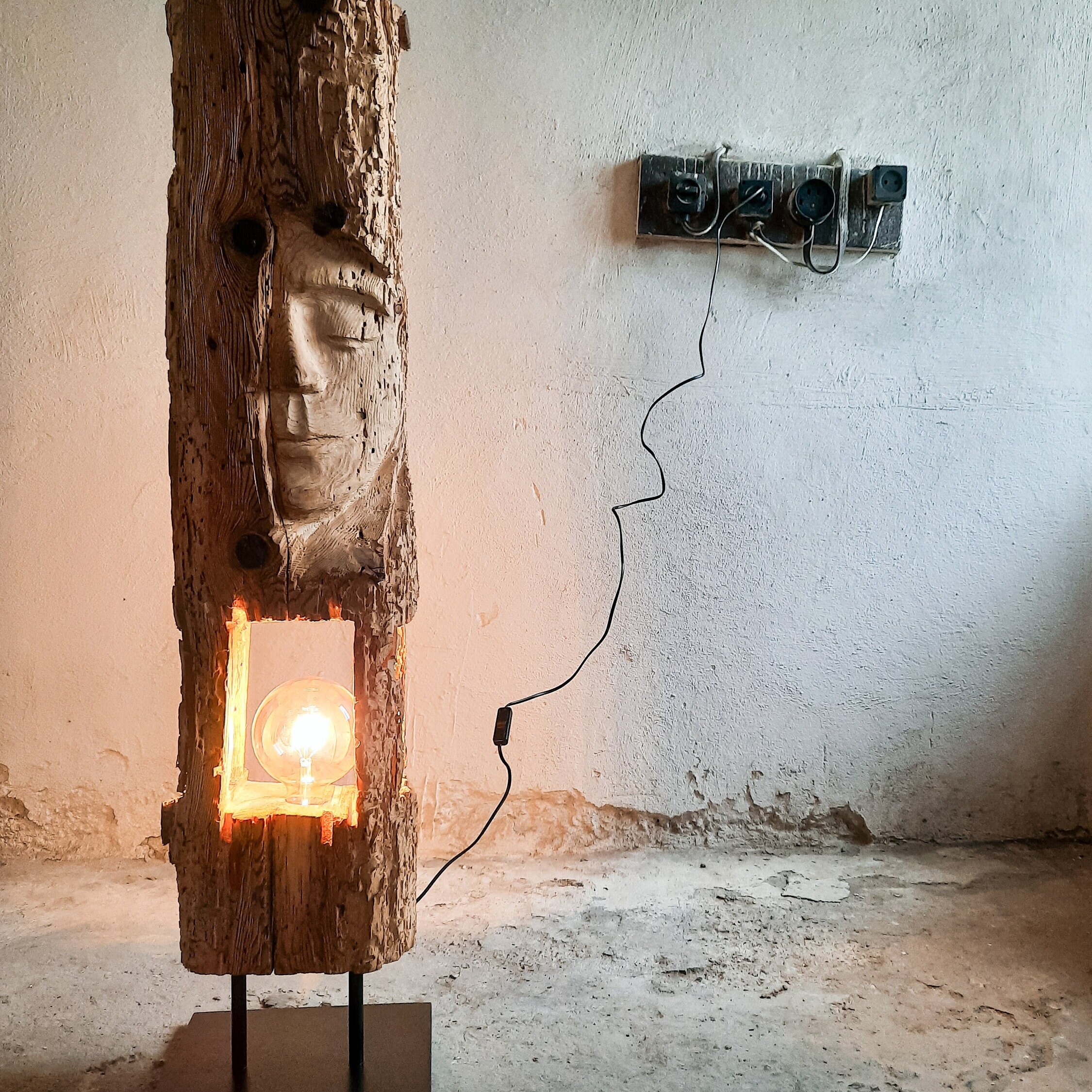 Wabi Sabi Floor Sculpture, Large Wooden Statue, Industrial Face Modern Wood Carving Reclaimed Contemporary Art