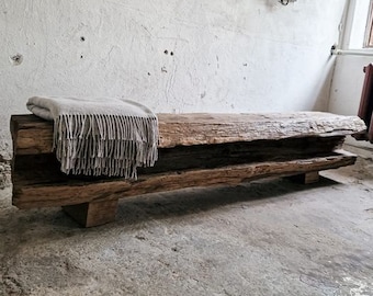 Wabi Sabi Beam Bench, Distressed Furniture, Rustic Bench, Wood Slab Block, Reclaimed Wood Bench,Industrial Entry Way Bench, Rustic Furniture