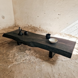 Wabi Sabi Coffee Table, Japanese Low Coffee Table, Solid Wood Japan Furniture, Wood Slab Primitive Furniture, Black Simple Console Table