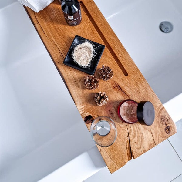 Wooden Bath Caddy Tray With Wine Glass, Phone Holder,Unique Bath Board, Natural Bath Shelf, Christmas Spa Gift For Her, Distressed Furniture