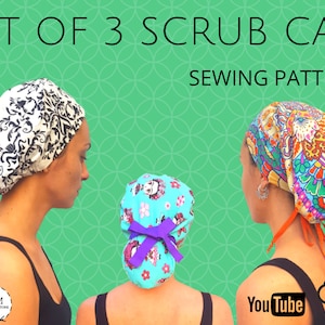 SET of 3 Scrub Cap / Sewing Patterns / Doctor Scrub Cap Pattern / Patrón imprimible PDF- Hoja carta/A4- Video tutorial en YouTube