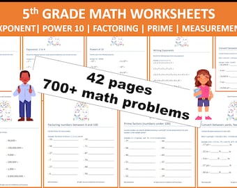 5th Grade Math Worksheets | Exponent | Power 10 | Factor | Prime | Measurement | 42 pages | 700+ math problems | Download | PRINTABLE PDF