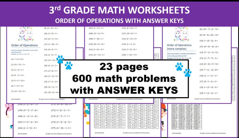 3rd Grade Math Worksheets: Order of Operations With ANSWER KEYS ...