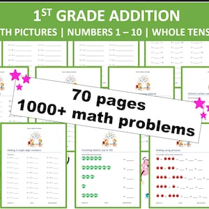 1st Grade Math Worksheets | Addition | 70 pages | 1000+ problems | 1-100 | Numbers | Math | INSTANT Download | PRINTABLE PDF | Pictures