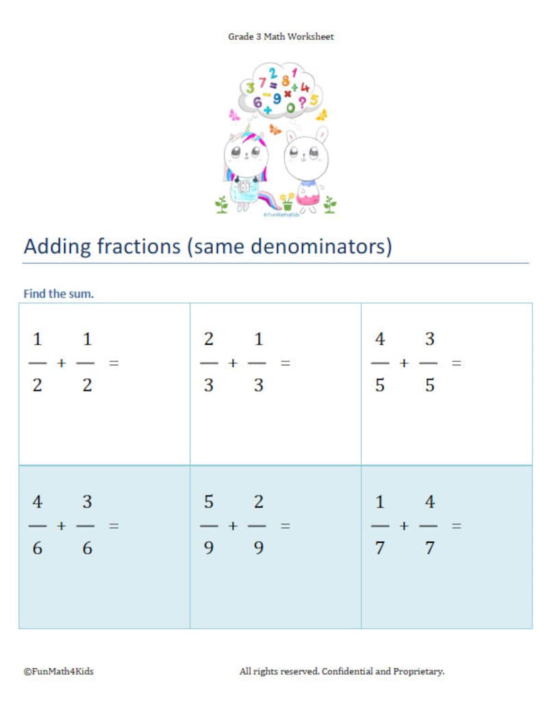3rd grade math worksheets fractions add subtract add etsy