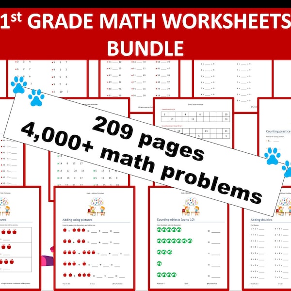 1st Grade Math Worksheets BUNDLE | 209 pages | 4000+ math problems | Instant Download | PRINTABLE PDF