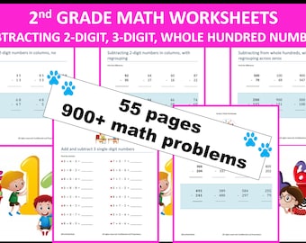 2nd Grade Math Worksheets | Subtraction | 2- and 3-digits | Whole Hundred | 55 pages | 900+ math problems | Instant Download | PRINTABLE PDF