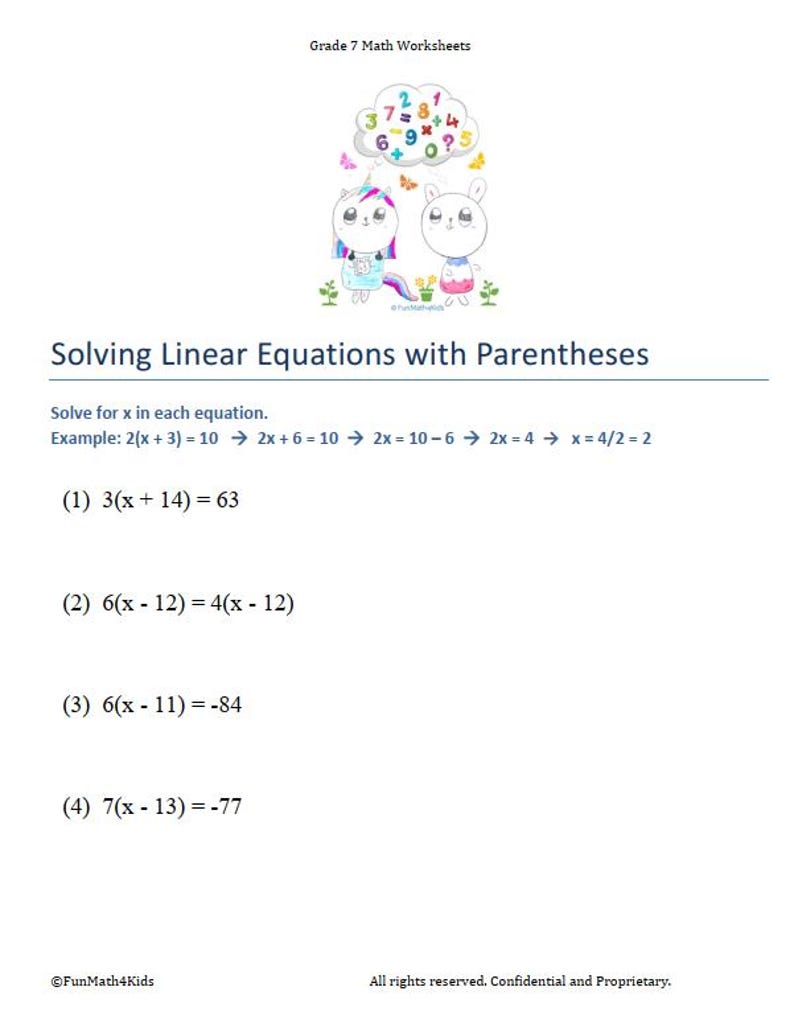 7th Grade Math Worksheets: Linear Equations With Answer Keys (printable ...