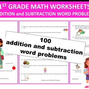 1st Grade Math Worksheets | 100 Word Problems | Addition | Subtraction | Instant Download | PRINTABLE PDF