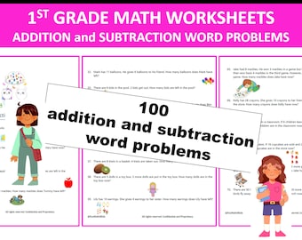 1st Grade Math Worksheets | 100 Word Problems | Addition | Subtraction | Instant Download | PRINTABLE PDF