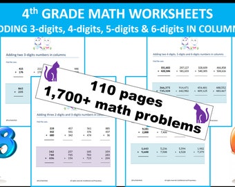 4th Grade Math Worksheets | Addition | 3-, 4-, 5-, 6-digits | Columns | 110 pages | 1700+ math problems | Instant Download | PRINTABLE PDF