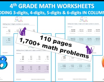 4th Grade Math Worksheets | Addition | 3-, 4-, 5-, 6-digits | Columns | 110 pages | 1700+ math problems | Instant Download | PRINTABLE PDF