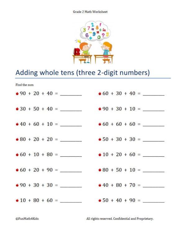 2nd grade math worksheets addition 2 digit whole tens etsy