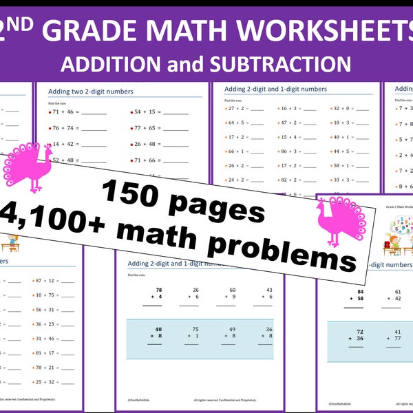 2nd Grade Math Worksheets | Addition | Subtraction | 150 pages | 4100+ math problems | Instant Download | PRINTABLE PDF