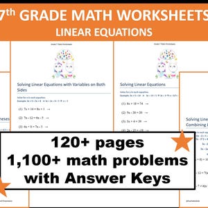 以下が含まれることがあります： 7年生向けの線形方程式に関する数学ワークシート。画像には、120ページ以上、1,100以上の数学の問題と解答キーが含まれています。「7th Grade Math Worksheets」というテキストが表示されています。
