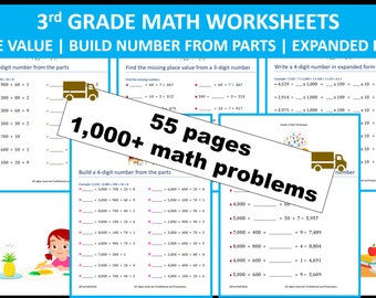 3rd Grade Math Worksheets | Place Value | Expanded Form | Build Numbers | 55 pages | 1,000+ math problems | Instant Download | PRINTABLE PDF