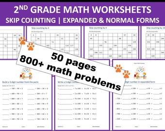 2nd Grade Math Worksheets | Skip Counting | Expanded & Normal Forms | 50 pages | 800+ math problems | Instant Download | PRINTABLE PDF