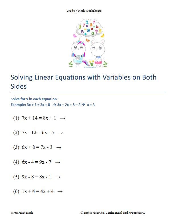7th Grade Math Worksheets: Linear Equations With Answer Keys (printable ...