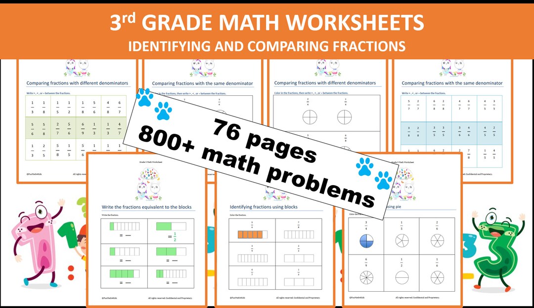 3rd Grade Math: Fraction Worksheets - Identify & Compare (printable PDF ...
