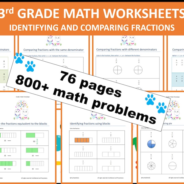 3rd Grade Math Worksheets | Fraction | Identify & Compare Fractions | 76 pages | 800+ math problems | Instant Download | PRINTABLE PDF