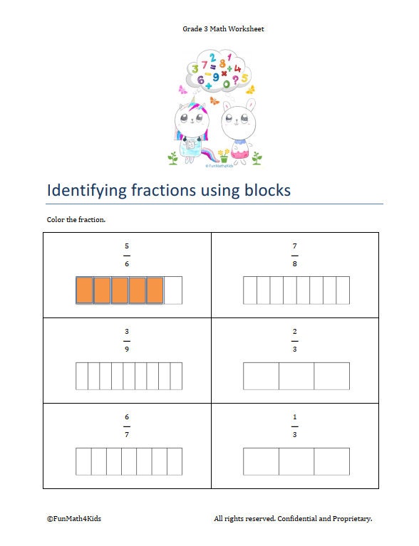 3rd grade math worksheets fraction identify compare etsy