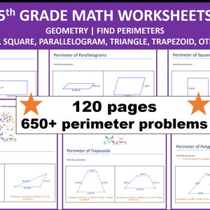 Puede incluir: Un conjunto de hojas de trabajo de matemáticas de 5º grado para encontrar el perímetro de rectángulos, cuadrados, paralelogramos, triángulos, trapecios y otros polígonos. Las hojas de trabajo presentan ilustraciones coloridas y 120 páginas con más de 650 problemas de perímetro.