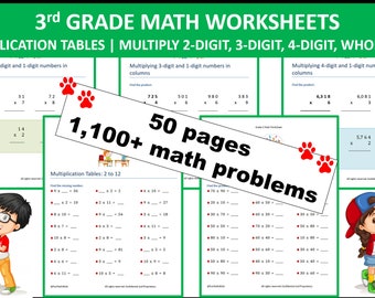 3rd Grade Math Worksheets | 50 pages | 1,100+ math problems | Multiplication Table | Multiply multi-digit | Instant Download | PRINTABLE PDF