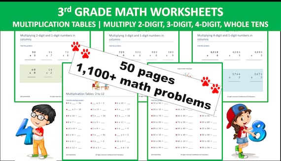 3rd grade math worksheets 50 pages 1100 math problems etsy australia