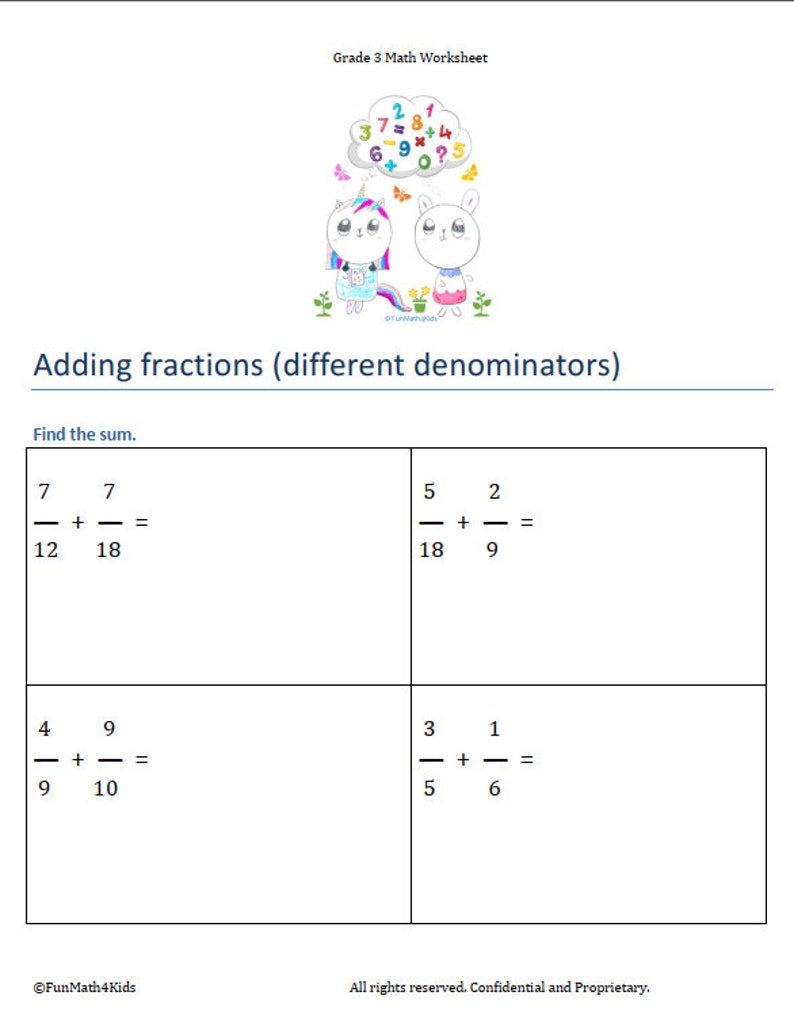 3rd grade math worksheets fractions add subtract add etsy