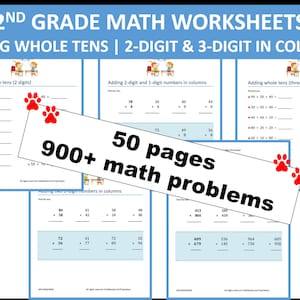 Könnte beinhalten: Ein Satz von 50 druckbaren Arbeitsblättern für Mathematik der 2. Klasse mit über 900 mathematischen Problemen. Die Arbeitsblätter konzentrieren sich auf das Addieren von ganzen Zehnern, mit Problemen, die 2-stellige und 3-stellige Zahlen in Spalten beinhalten. Die Arbeitsblätter zeigen farbenfrohe Illustrationen von Kindern, die große Zahlen halten.